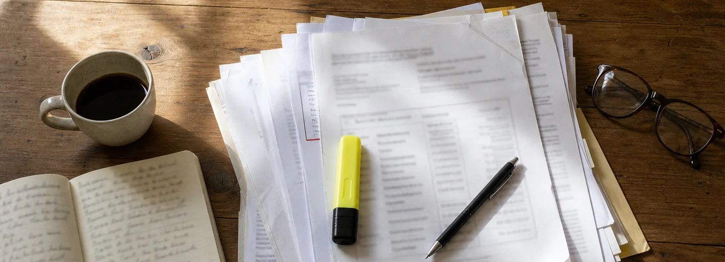 Vue plongeante d'un dossier de retraite ouvert sur une table en bois : documents imprimés, surligneur, stylo, carnet et lunettes