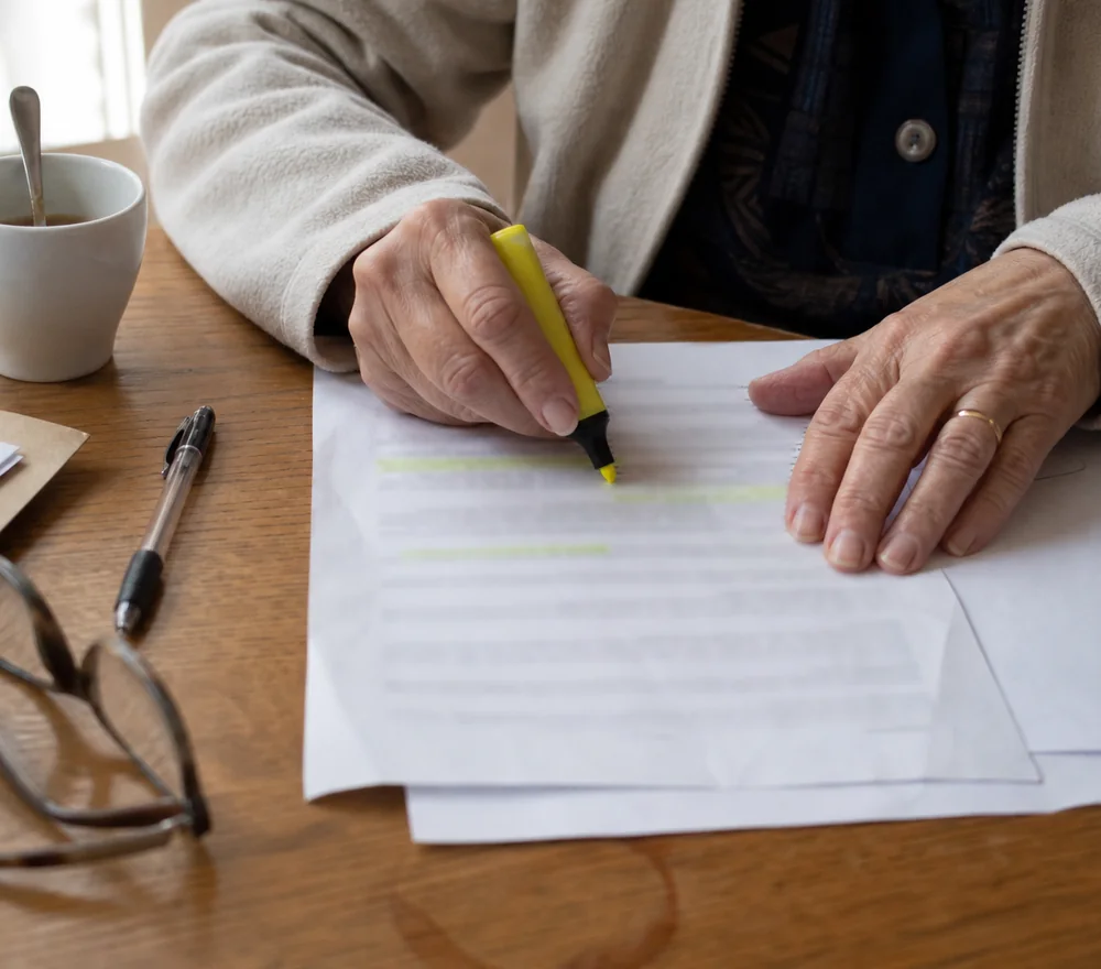Les mains d'une retraitée annotant au surligneur un document imprimé sur sa table de cuisine, lunettes et tasse de café à côté