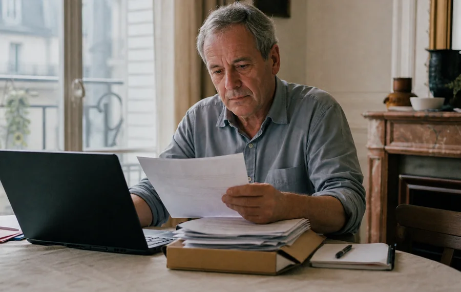 Un homme d'une soixantaine d'années lit un document imprimé à sa table, des papiers rangés dans une chemise et un ordinateur portable devant lui