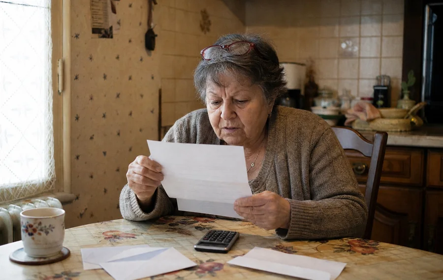 Une retraitée lit un courrier de sa caisse de retraite à sa table de cuisine, calculatrice et enveloppes ouvertes devant elle